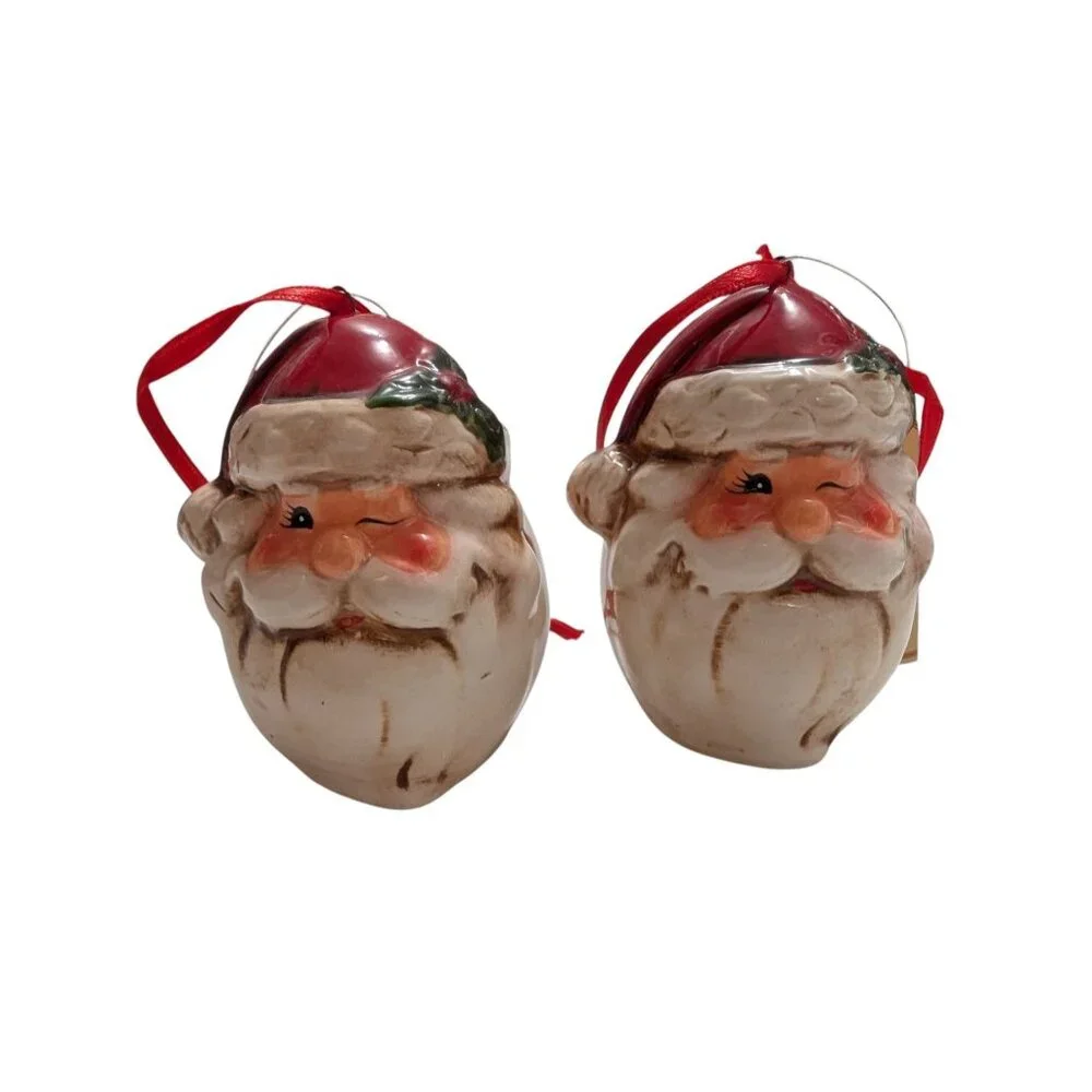 Tii Collections Winking Santa Ceramic‎ Ornaments lot 2 w/ org tags hanging vtg